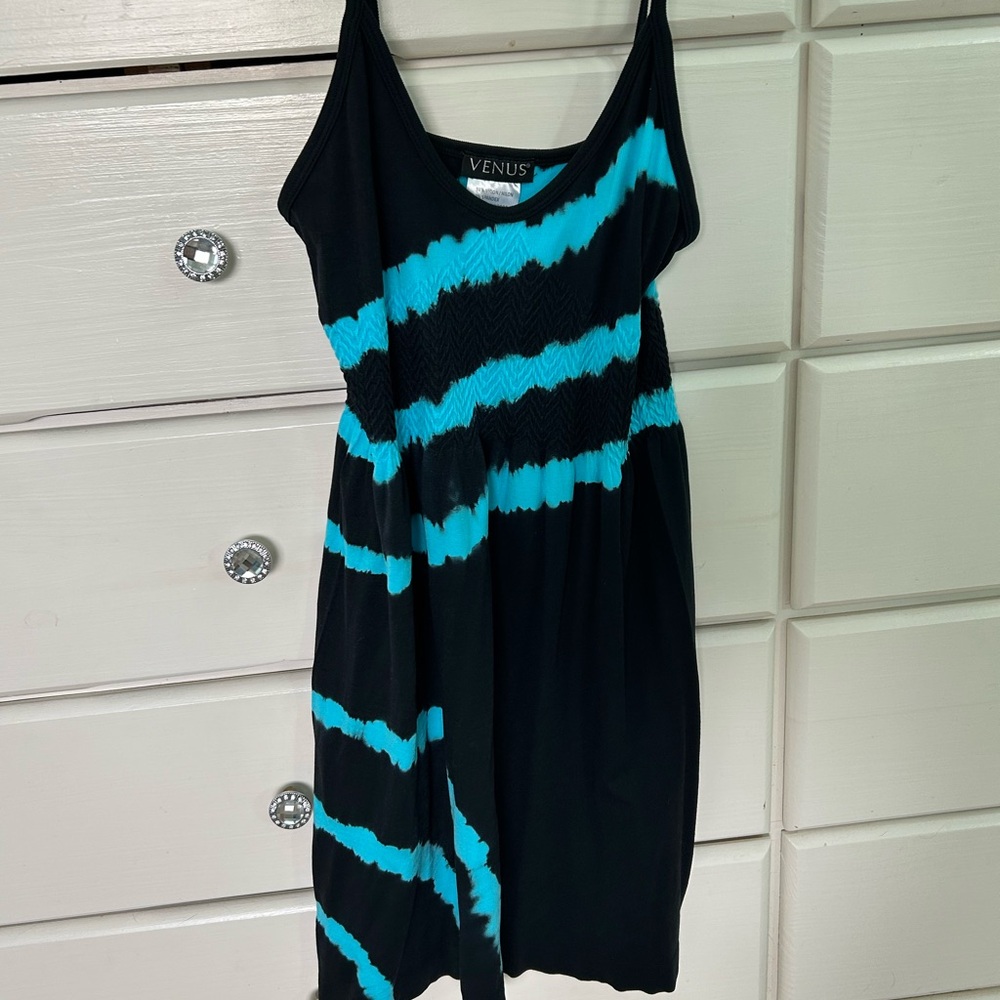 VENUS Black and Turquoise Striped Midi Dress